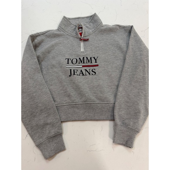 Tommy Jeans Tops - Tommy Jeans Womens Quarter Zip Cropped Sweatshirt Gray Fleece Pullover Medium